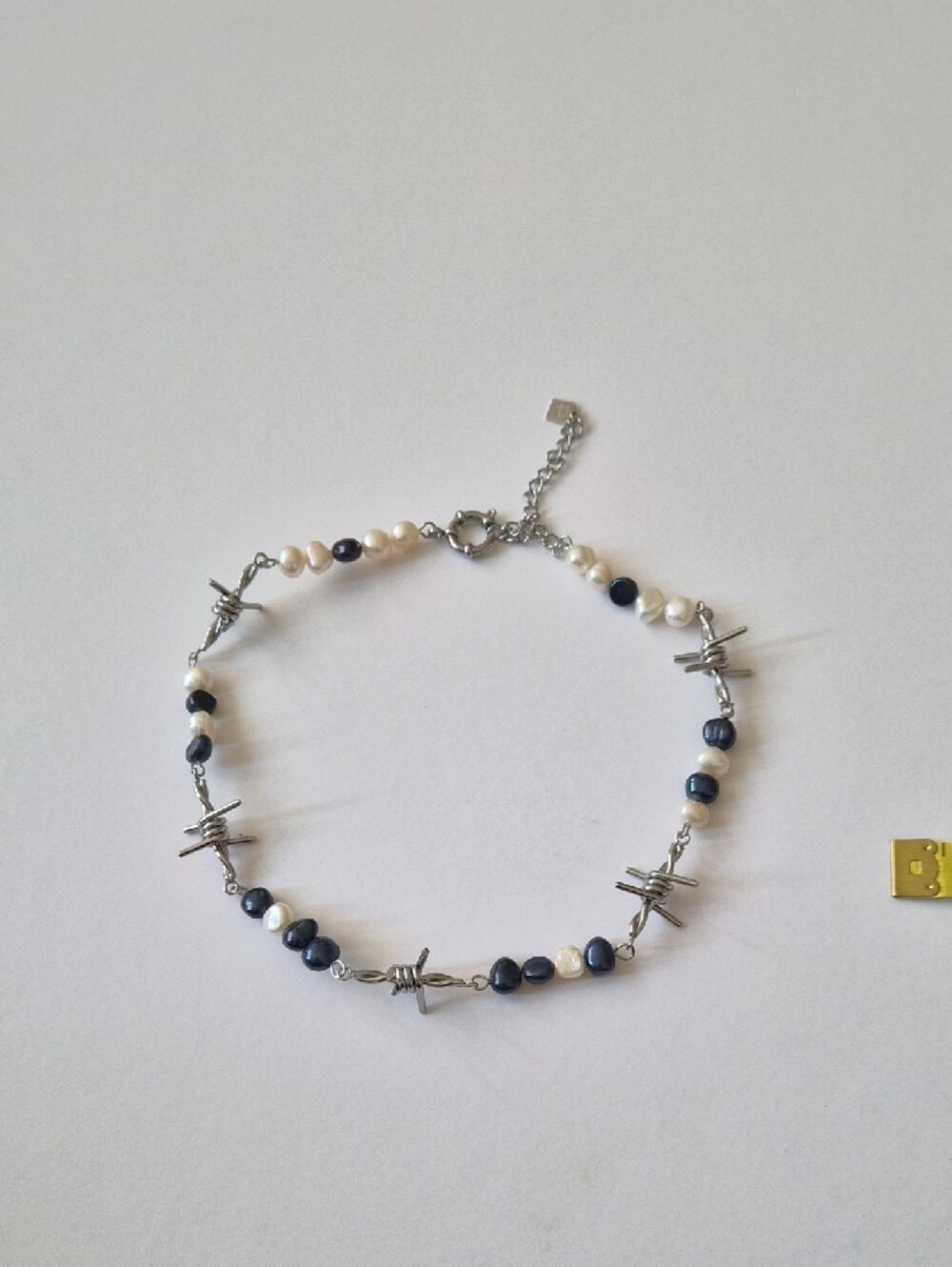 Pearl and Navy Bead Barbed Wire Style Necklace - Unknown Brand